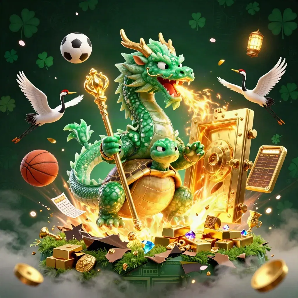 Emerald dragon, turtle sage and cranes amid gold vault, sports balls, and casino glow.