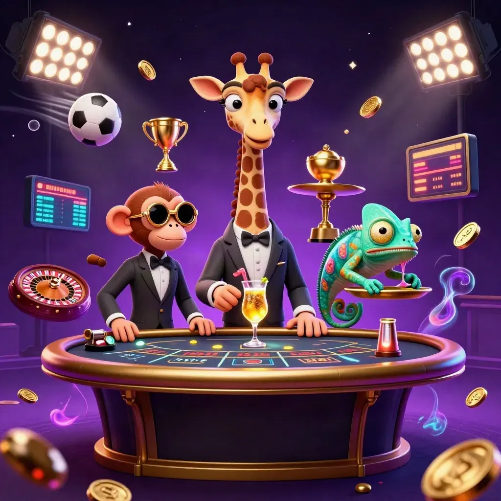 Giraffe, monkey, and chameleon in a neon casino scene with coins, trophy, balls, and glowing light.
