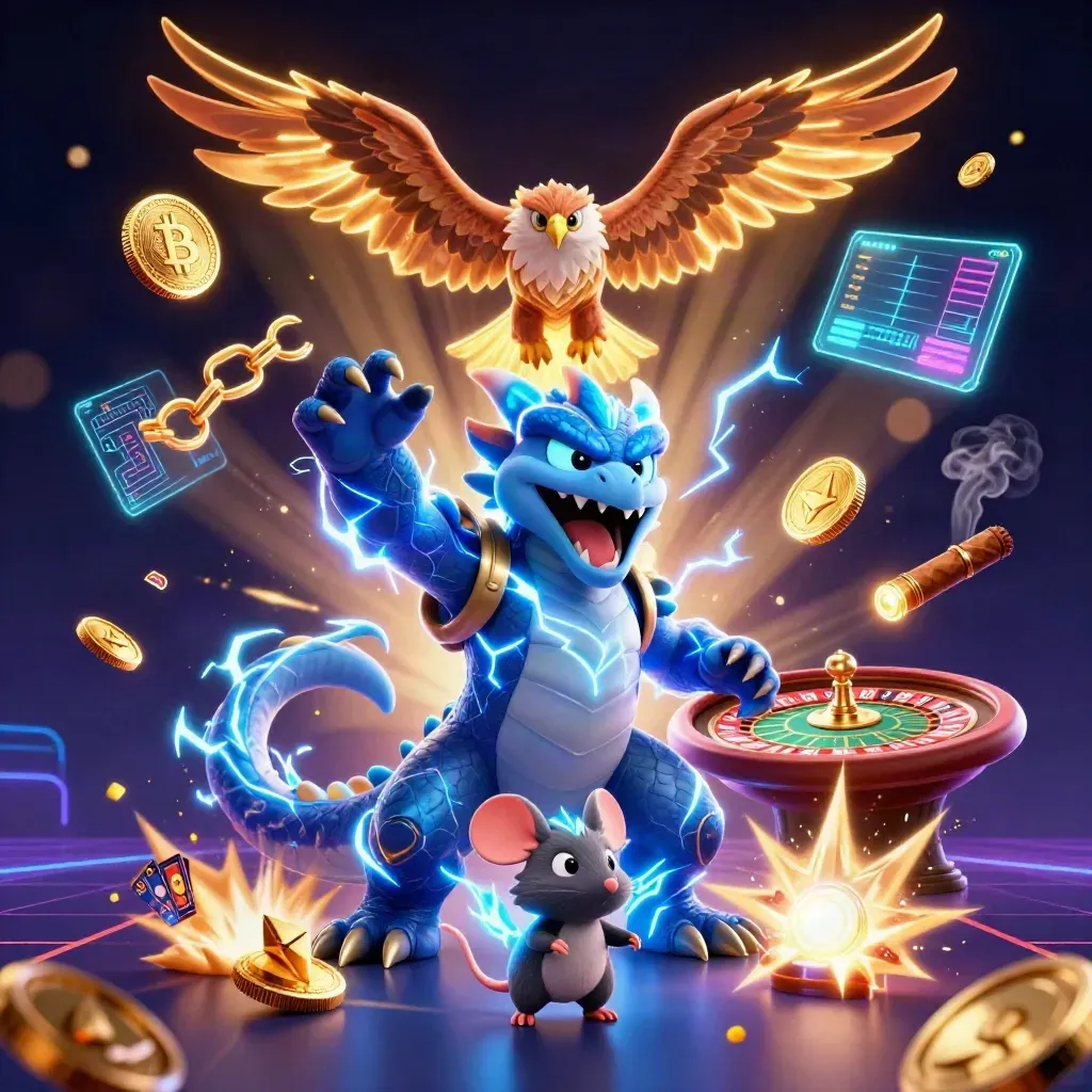 Thunder dragon, hawk, and mouse amid casino glow, coins, roulette, and cards.