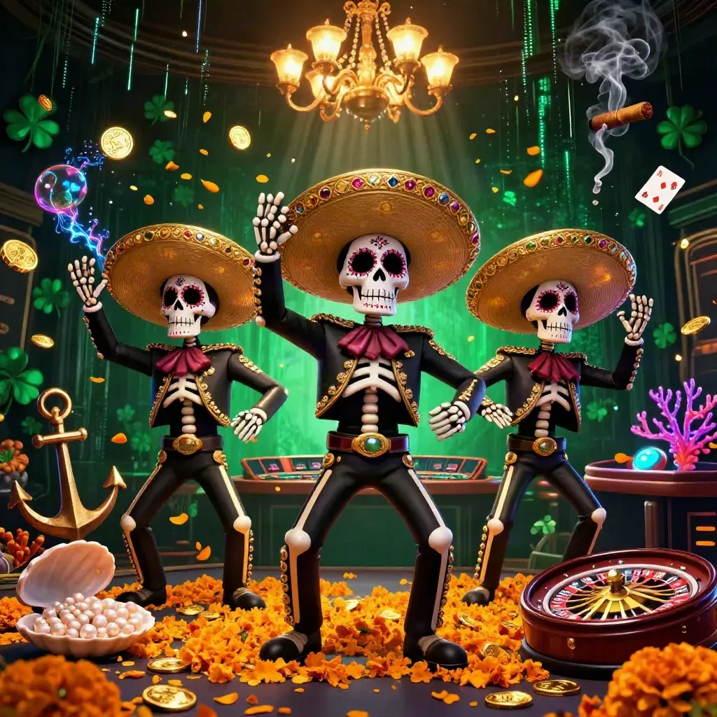 Day-of-the-Dead mariachi skeletons in a luxe casino cove with gold coins, cards and neon glow.