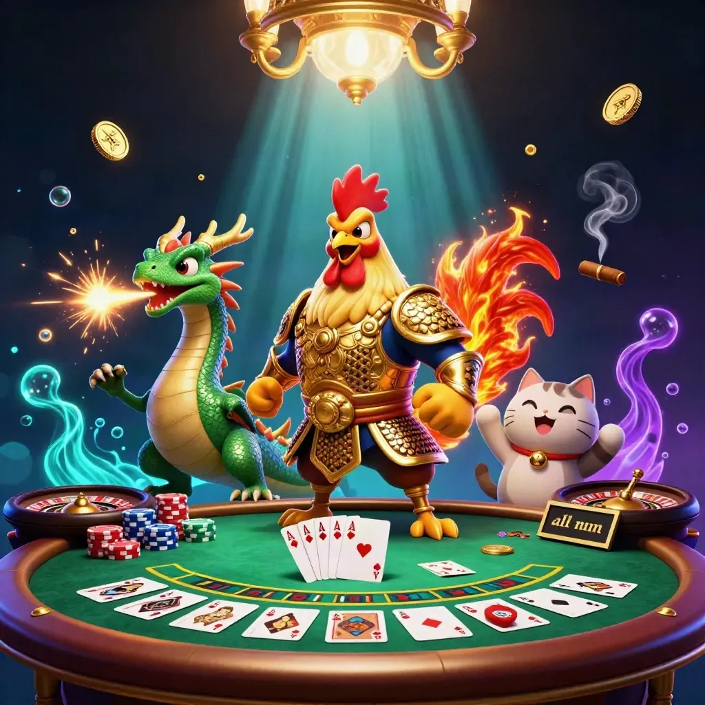 Rooster warrior, dragon hatchling and fortune cat amid casino lights, cards and chips