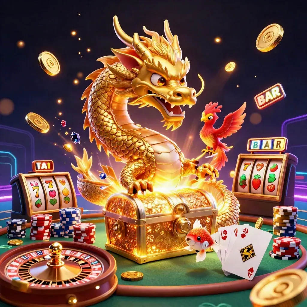Golden dragon with phoenix and koi amid casino treasures, coins, gems, roulette, cards, and chips.