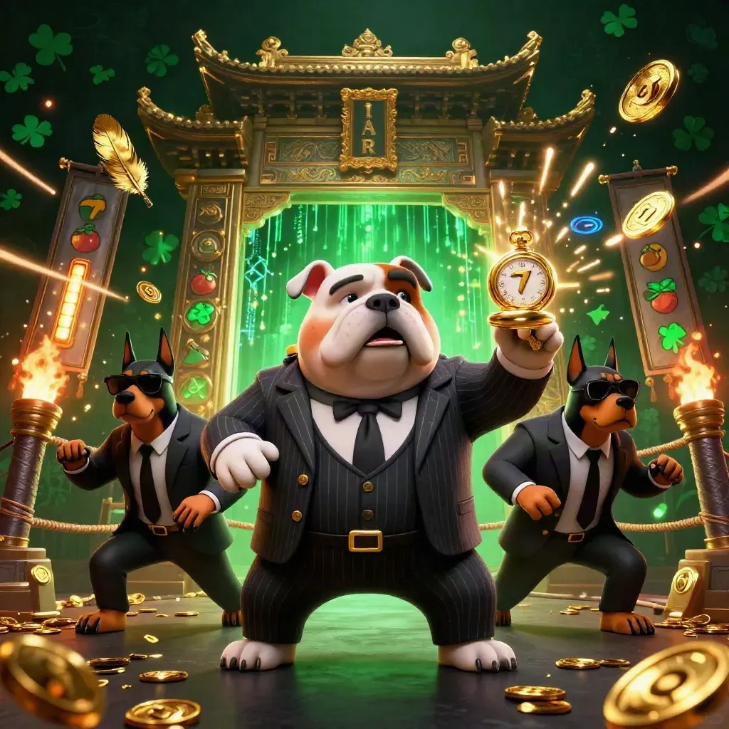 Bulldog mob boss and Doberman guards amid coins, temple gate, neon gold sparks, and casino energy.