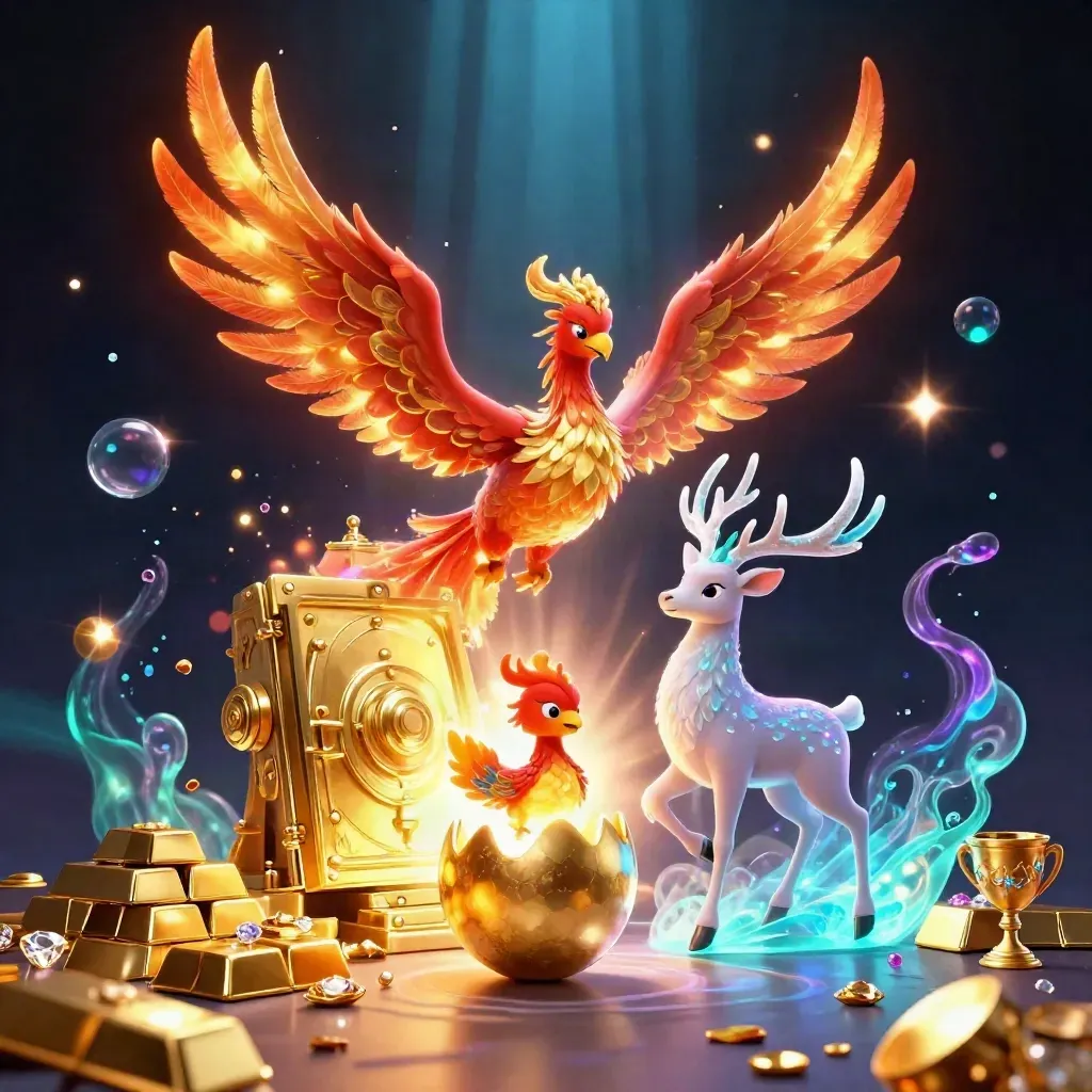 Phoenix, hatching chick, and crystal stag burst from a glowing vault amid gold and gems.