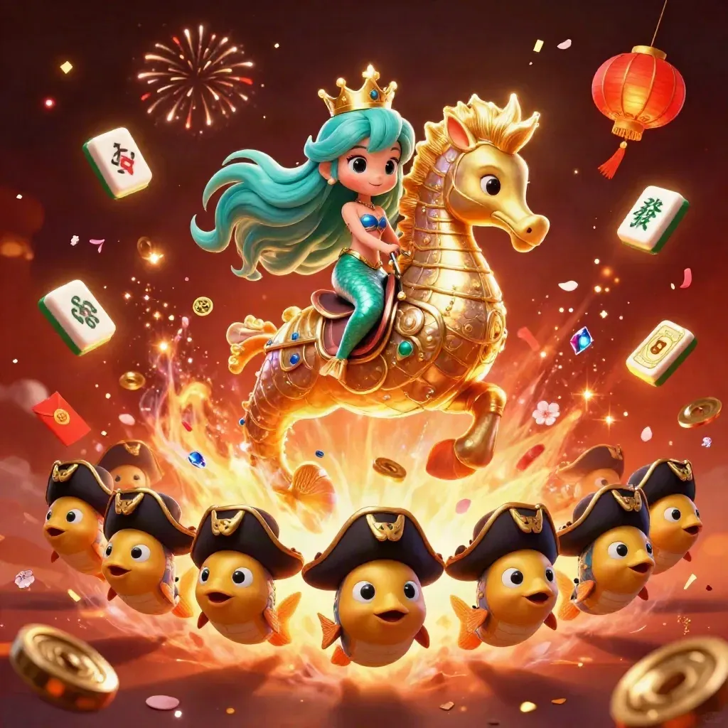 Mermaid princess on a golden seahorse amid lanterns, jade coins, confetti and ember-lit treasure bursts.