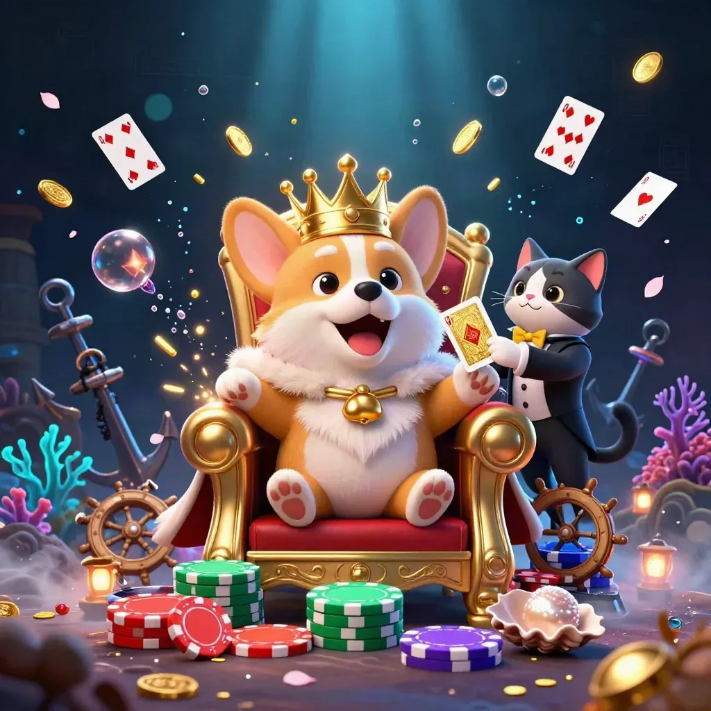 Crowned corgi and cat butler amid a gold-coin treasure cove, glowing coral, and magic bubbles