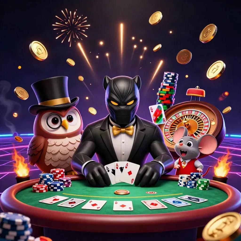 Panther, owl and mouse celebrate amid exploding coins, chips, cards and fireworks in a luxe casino scene.