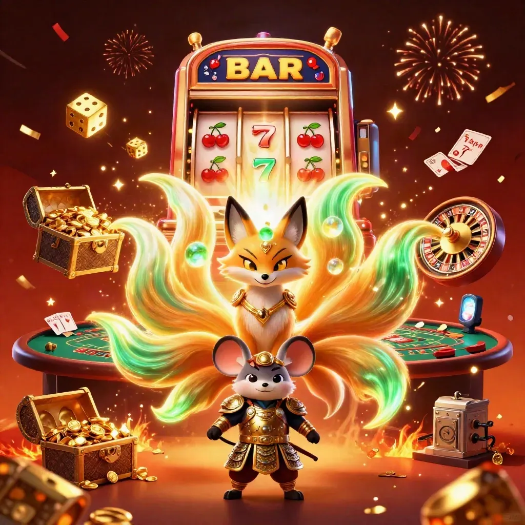 Fox spirit and samurai mouse amid exploding slot wins, gold coins, fireworks, and casino glow
