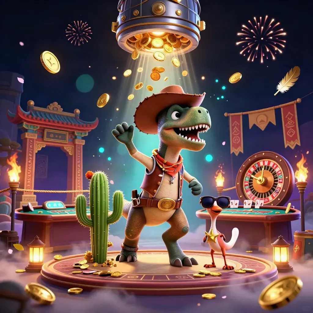 Cowboy T-Rex trio amid coins, fireworks, temple gate, roulette wheel, and casino glow