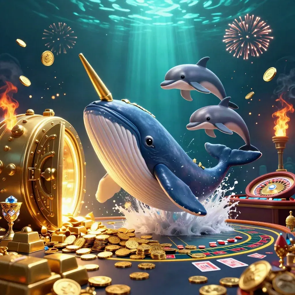Whale captain, narwhal and dolphins burst through coins, vault light, and casino symbols.
