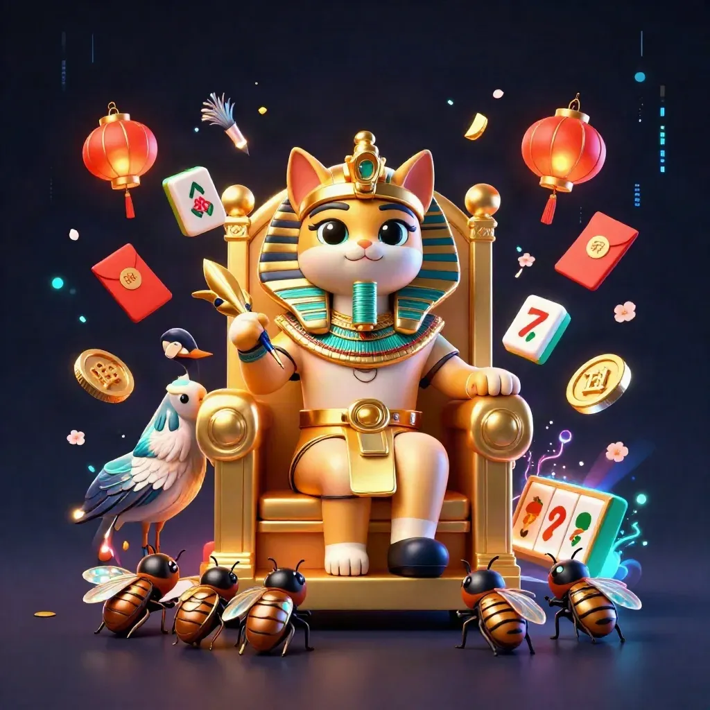 Pharaoh cat on a golden throne with ibis scribe, scarabs, reels, coins and neon casino effects