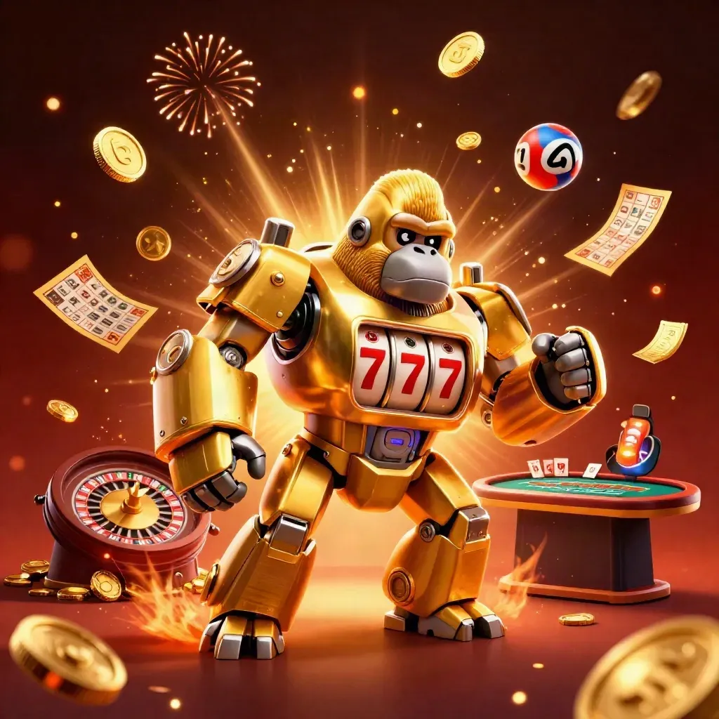 Golden gorilla mech with monkey pilot bursting coins, fireworks, and casino prizes in luxe glow