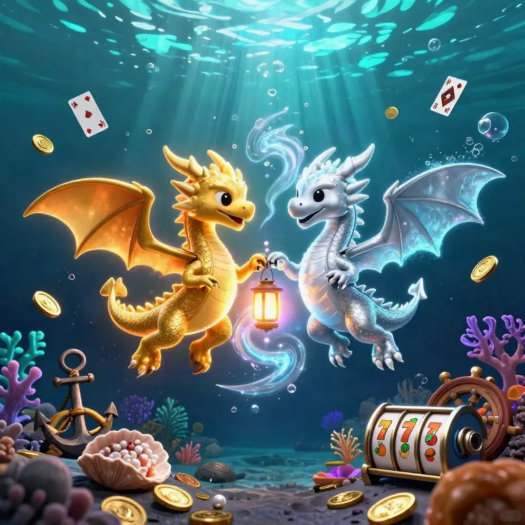 Twin gold and silver dragons swirl in a glowing underwater casino treasure cove