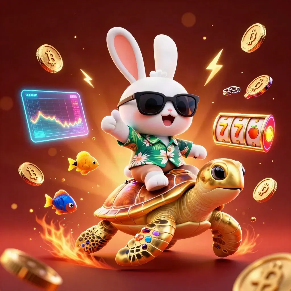 Cartoon rabbit rides a golden sea turtle amid casino coins and neon effects.