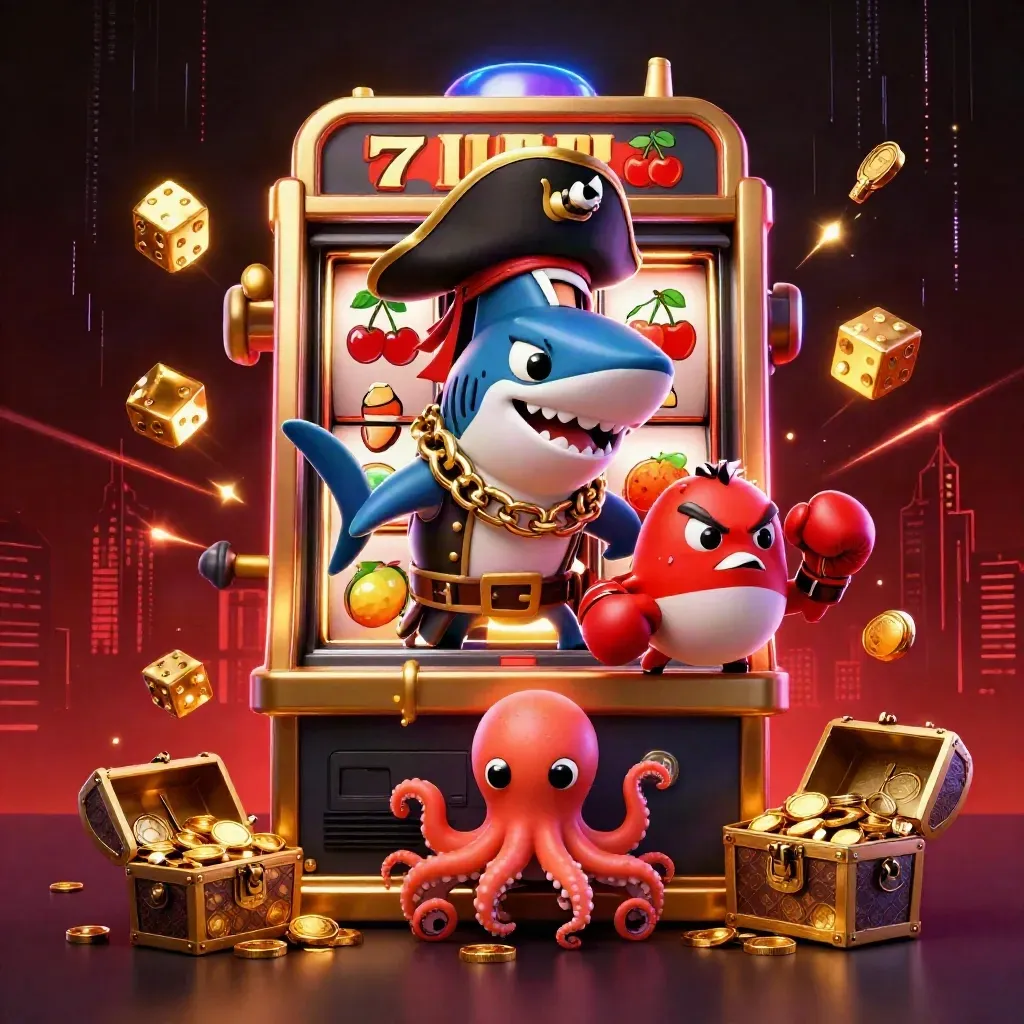 Pirate shark, boxing pufferfish and coin-juggling octopus beside a bursting slot machine.