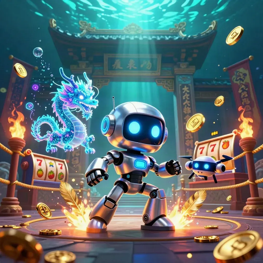 Robot, holographic dragon and coin drone amid coins, temple gate, reels and underwater casino glow.
