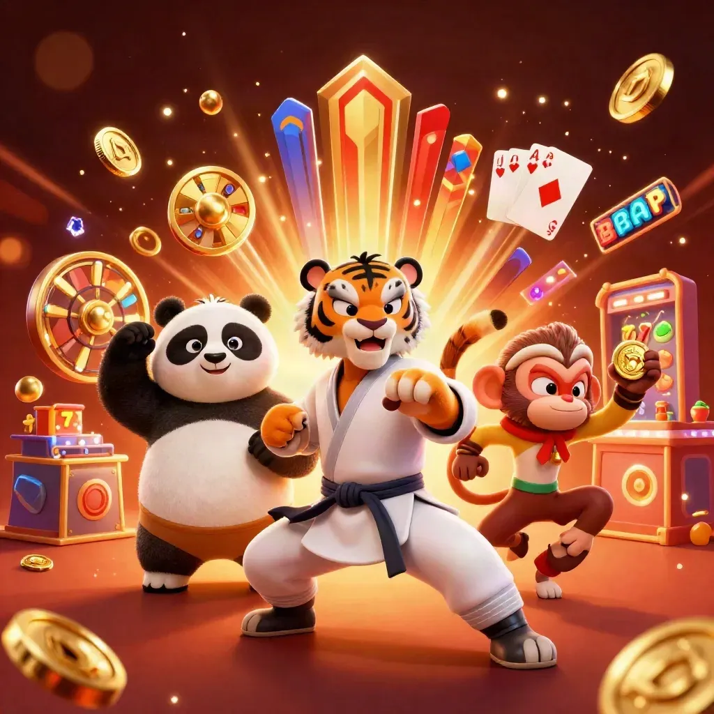 Kung-fu tiger, panda, and monkey amid glowing casino coins, cards, chips, and reels.