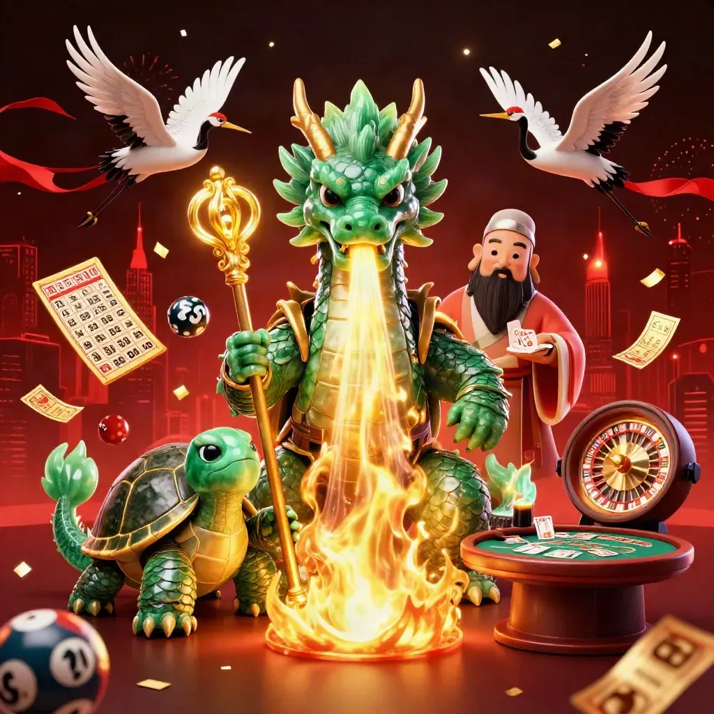 Dragon, turtle sage, and cranes amid casino tokens, fireworks, and neon gold light.