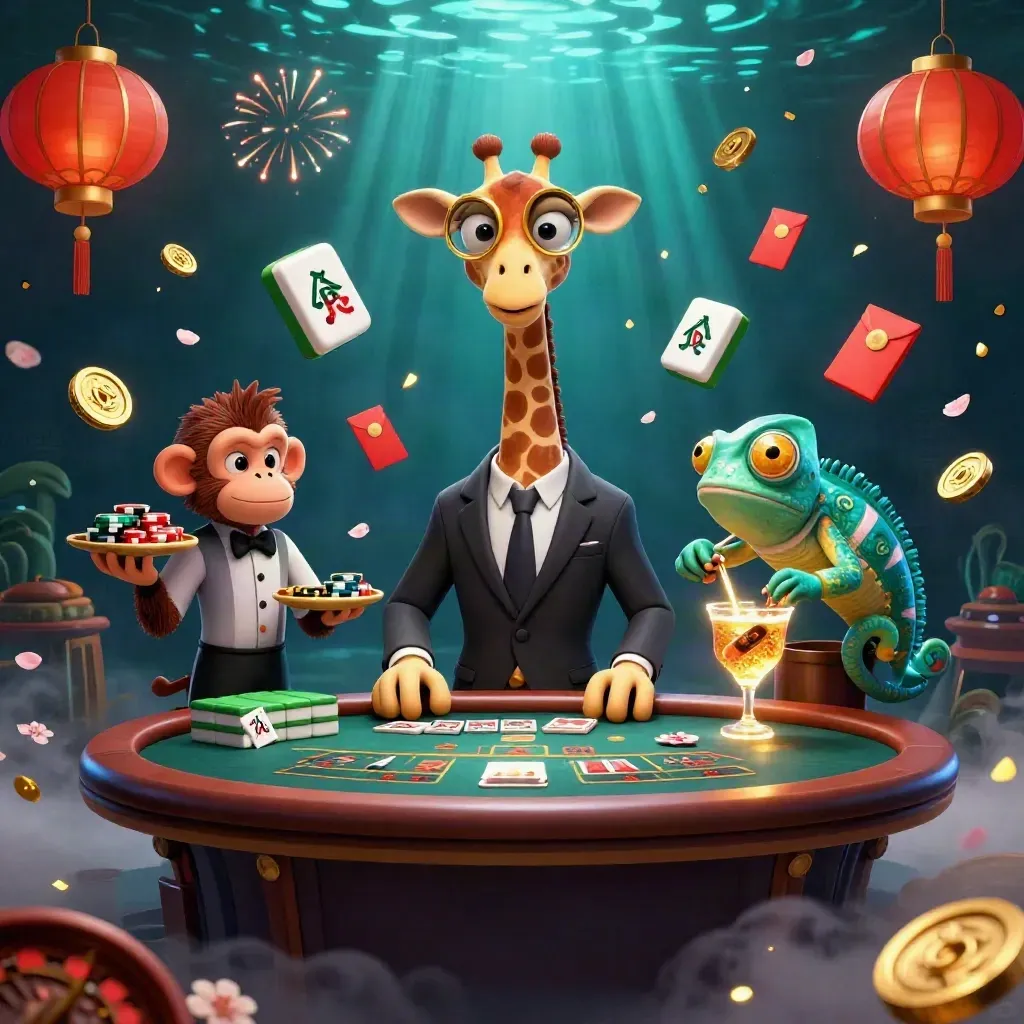 Giraffe, monkey valet, and chameleon bartender in a luxe neon casino scene with cards, coins, and lanterns.