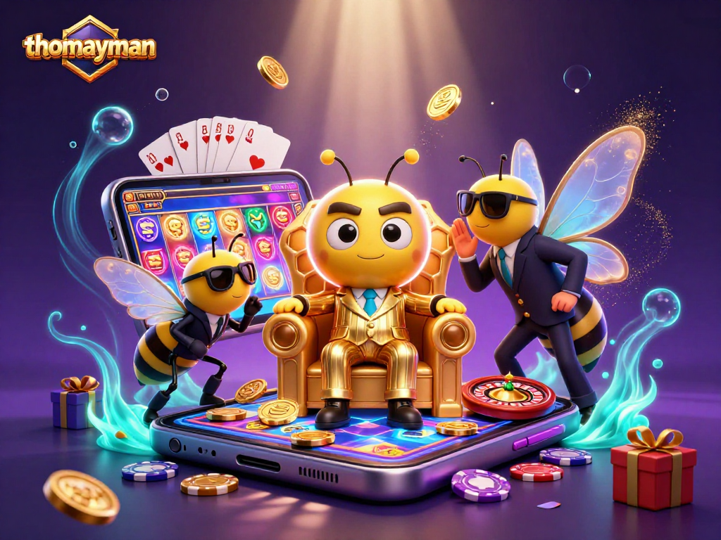 Spin and win with thomayman in this vibrant 3D casino scene featuring exciting gameplay elements.