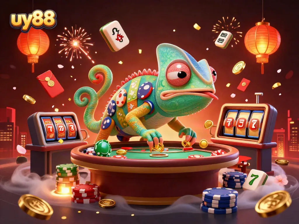 Experience the excitement of gaming at uy88 with vibrant visuals of a chameleon casino owner.