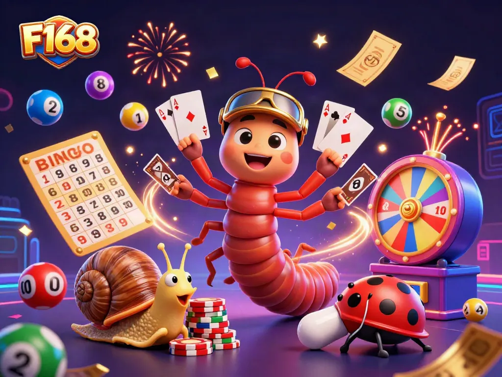 F168 immersive casino scene with a whimsical millipede dealer and vibrant lottery elements.