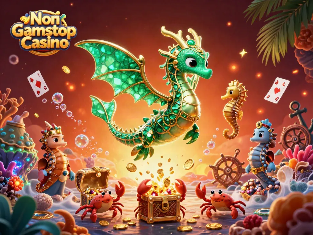 Immerse in the vibrant world of Non Gamstop Casino with a fantastical sea dragon surrounded by treasure.