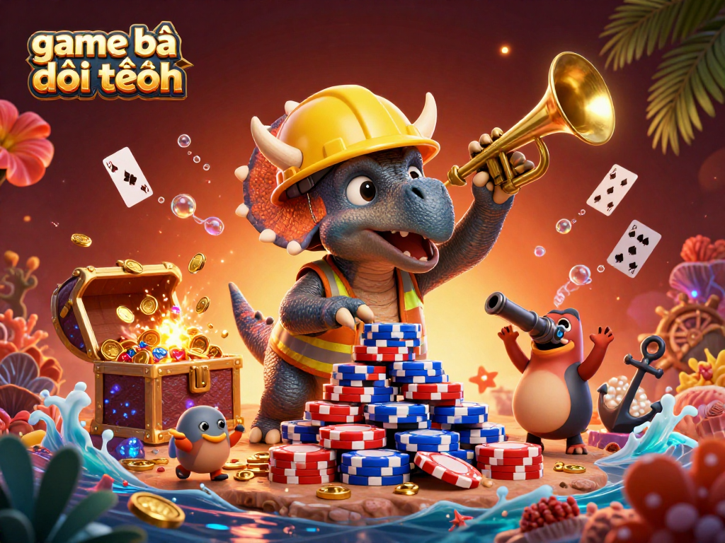 Win big with game bài đổi thưởng as cartoon dinosaurs build poker chip towers!