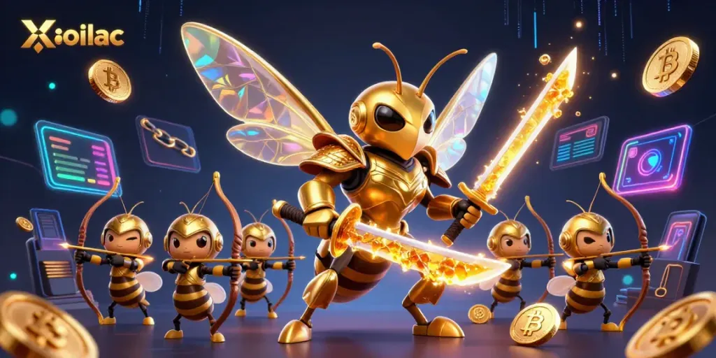 Xoilac's vibrant 3D scene depicting a golden hornet samurai and bee archers amidst glowing cryptocurrency elements.