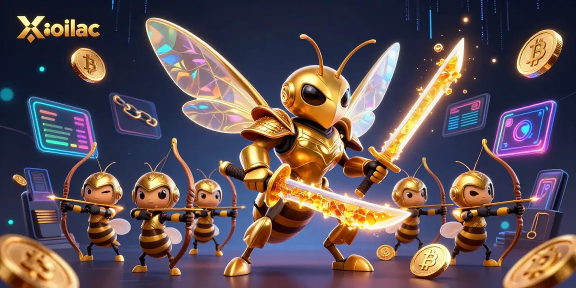 Xoilac's vibrant 3D scene depicting a golden hornet samurai and bee archers amidst glowing cryptocurrency elements.