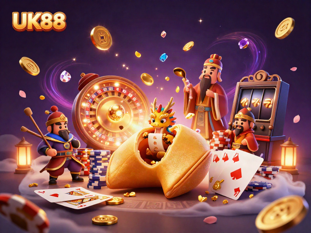 Experience the captivating world of UK88 with golden fortune and vibrant game elements.