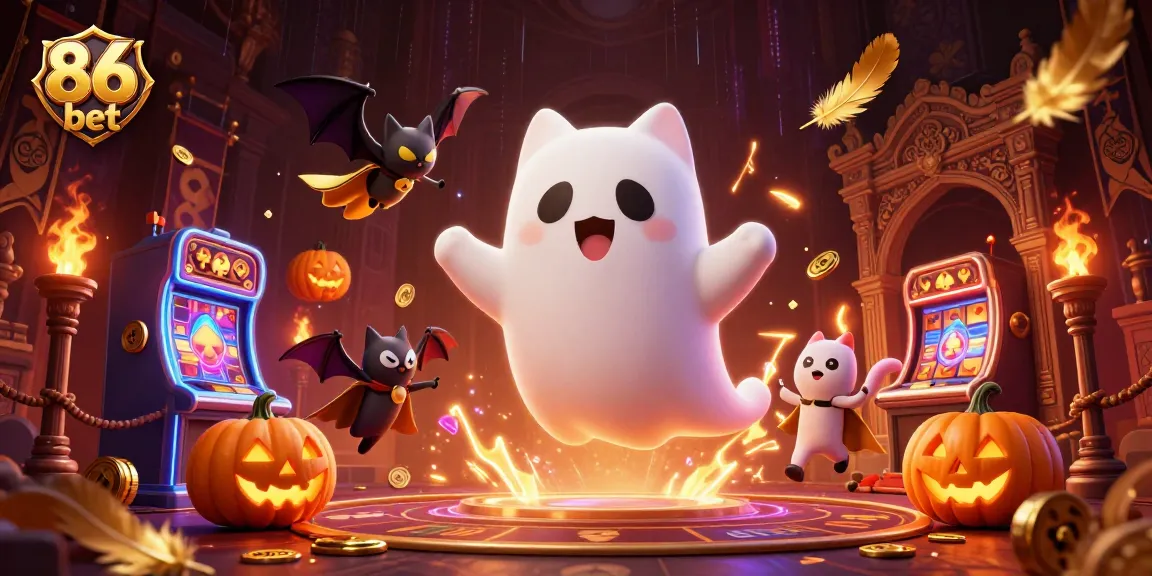 Experience the vibrant 86 bet casino world with a spooky ghost cat and vampire bat among glowing jack-o-lanterns.