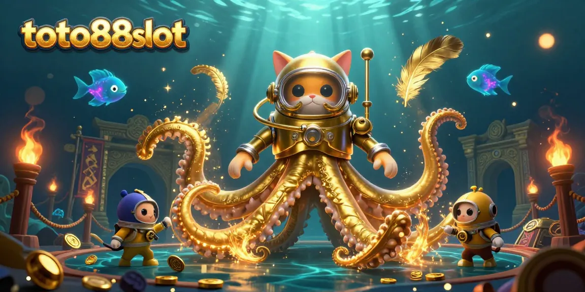 Experience thrilling action with toto88slot alongside a colossal kraken and diving cat in a vibrant casino scene.