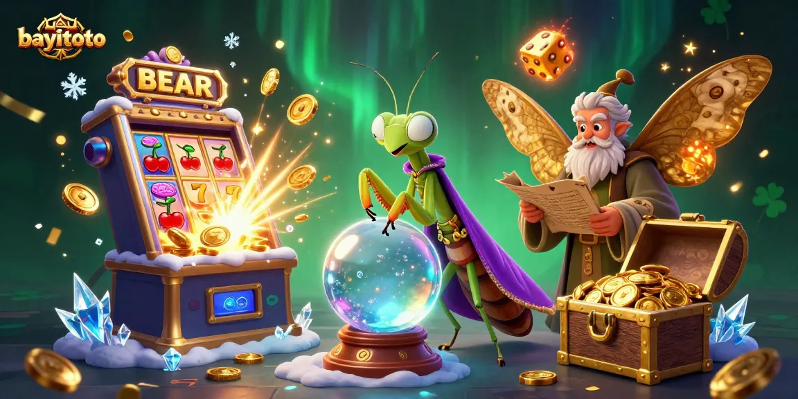 Experience thrilling wins at bayitoto, featuring a vibrant scene of slot machines and mystical characters.