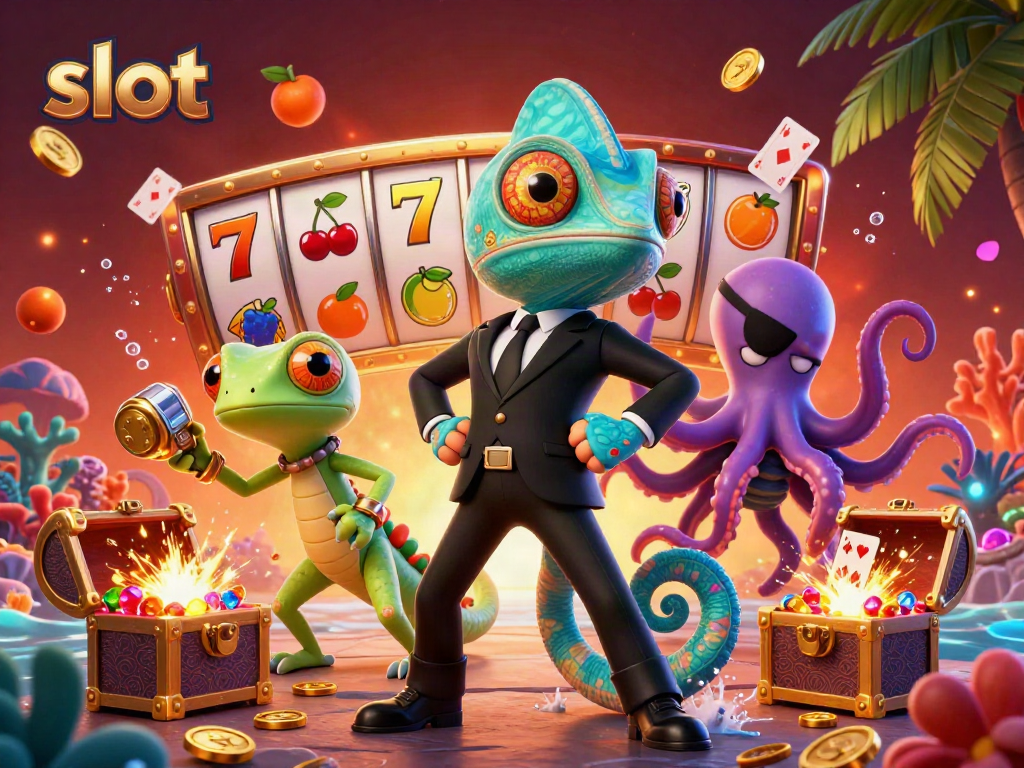 Experience exciting slot games with a dynamic illustration of a chameleon agent, tech-gecko, and octopus, surrounded by gold coins and lucky symbols.