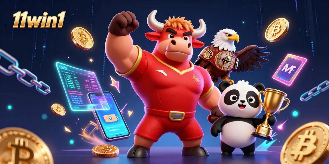 Experience the excitement of 11win1 with a vibrant championship scene featuring crypto elements and mascots.