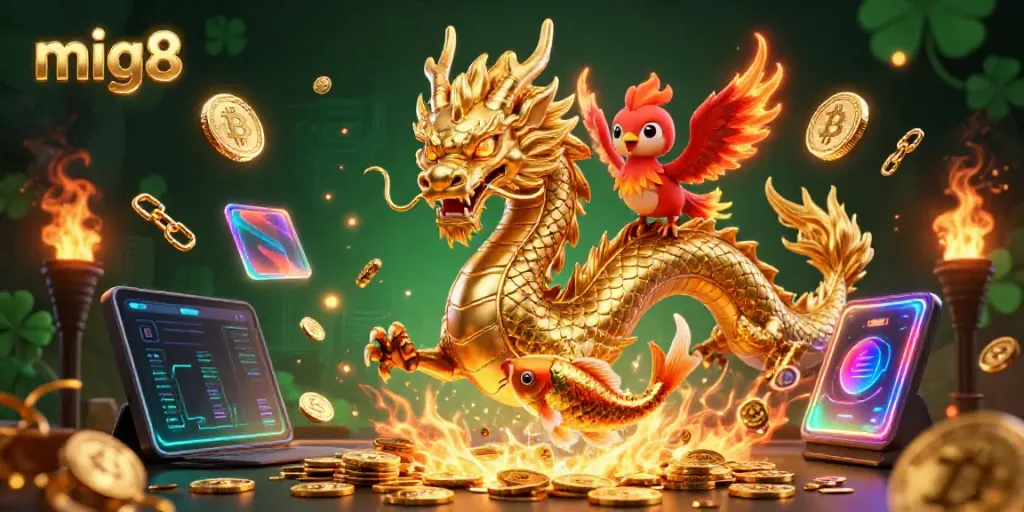 Experience the excitement of mig8 casino with a vibrant scene of a golden dragon, phoenix, and koi fish amidst dynamic elements.