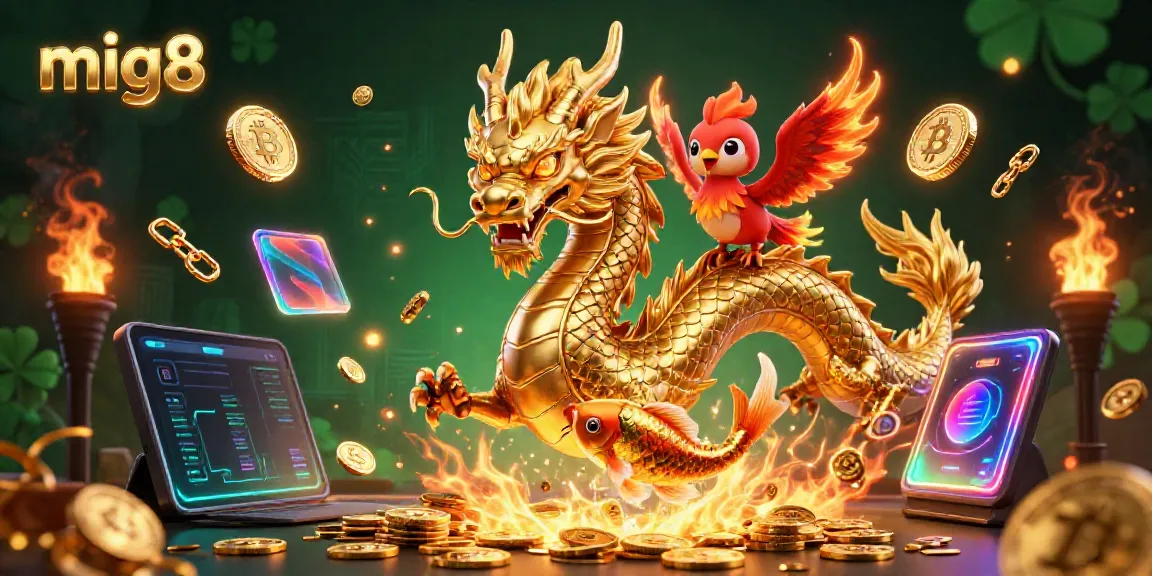 Experience the excitement of mig8 casino with a vibrant scene of a golden dragon, phoenix, and koi fish amidst dynamic elements.
