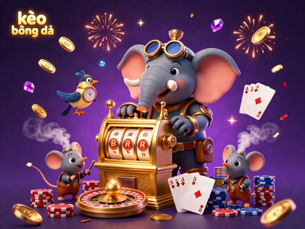 Experience kèo bóng đá with a vibrant steampunk-themed illustration showcasing a slot machine and dynamic casino elements.