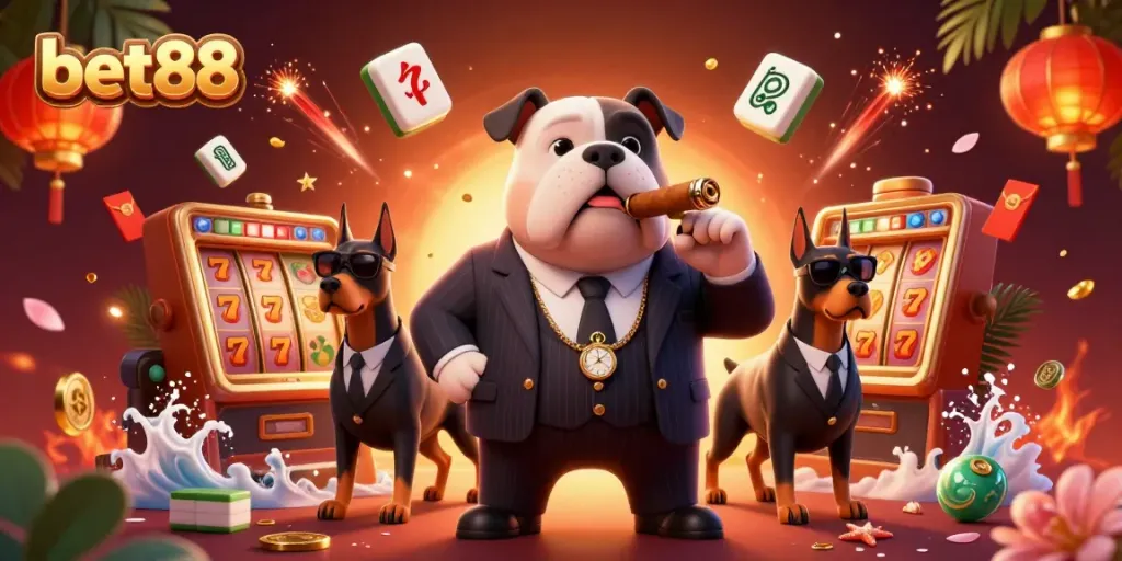 bet88 showcases a vibrant casino scene with a mafia boss and Dobermans, highlighting slot machine excitement.