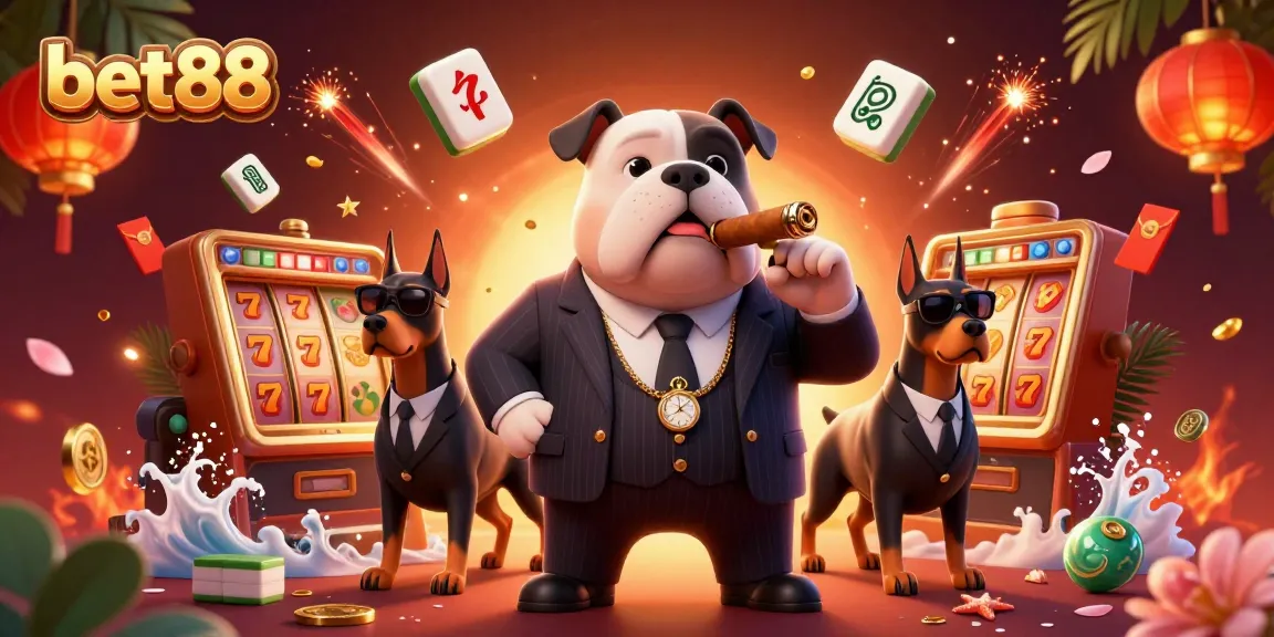 bet88 showcases a vibrant casino scene with a mafia boss and Dobermans, highlighting slot machine excitement.