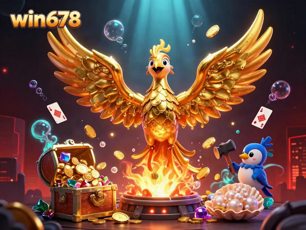 Experience the vivid scene of win678, featuring a molten golden phoenix amidst dynamic gambling elements.