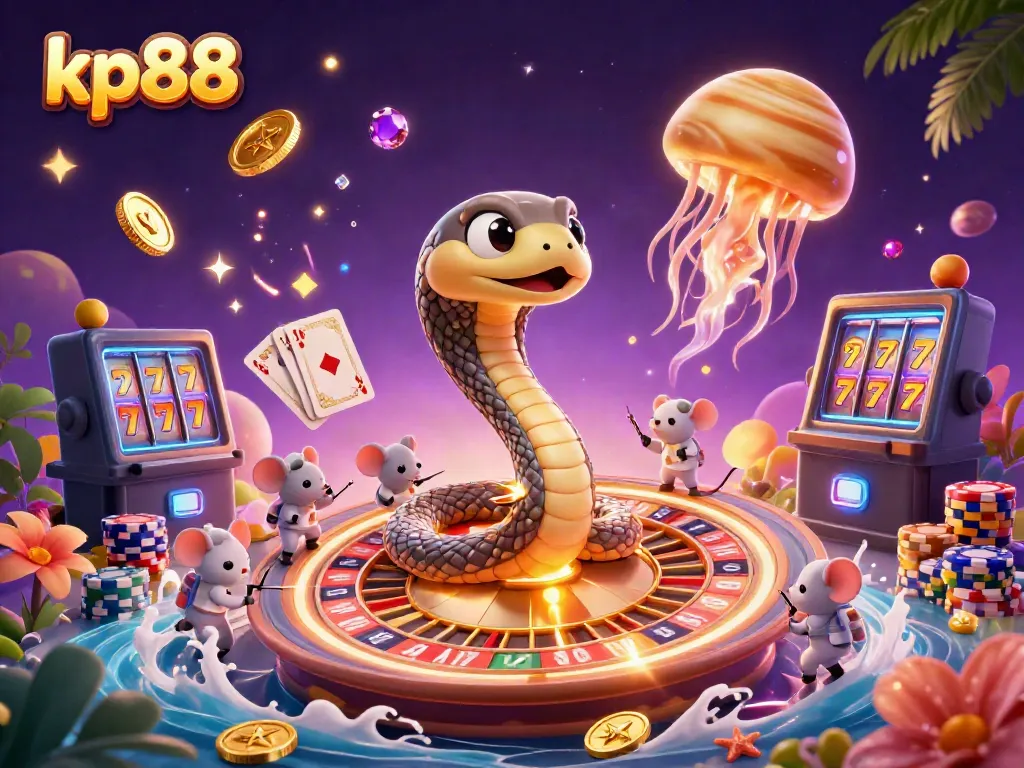 Experience the vibrant cosmic gambling scene of kp88 with playful cartoon characters and glowing casino elements.