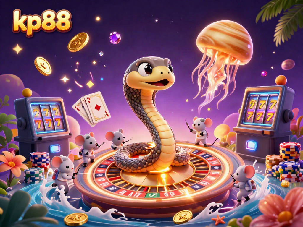 Experience the vibrant cosmic gambling scene of kp88 with playful cartoon characters and glowing casino elements.