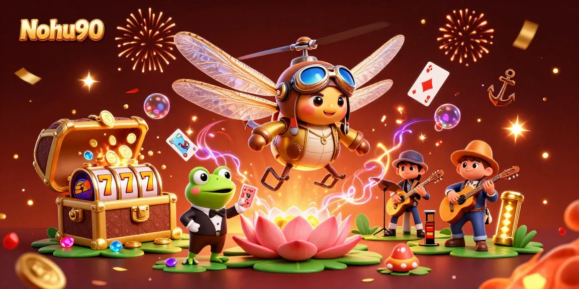 Nohu90 players enjoying slot games at a vibrant lily pad casino with immersive 3D elements.