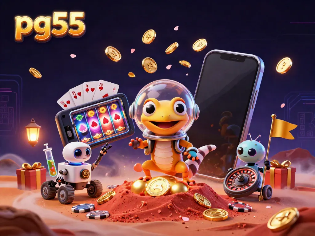 Experience the thrill of pg55 as a Martian gecko discovers a golden casino in a vibrant 3D illustration.