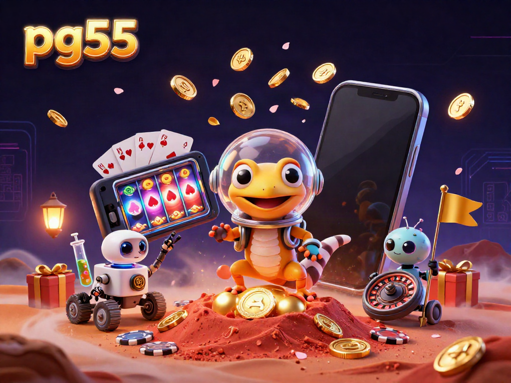 Experience the thrill of pg55 as a Martian gecko discovers a golden casino in a vibrant 3D illustration.