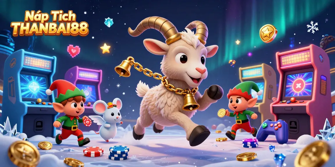 Nạp Tiền THANBAI88 showcases a lively casino scene with a Krampus goat, angel mouse, and mischievous elves amidst glowing game machines.