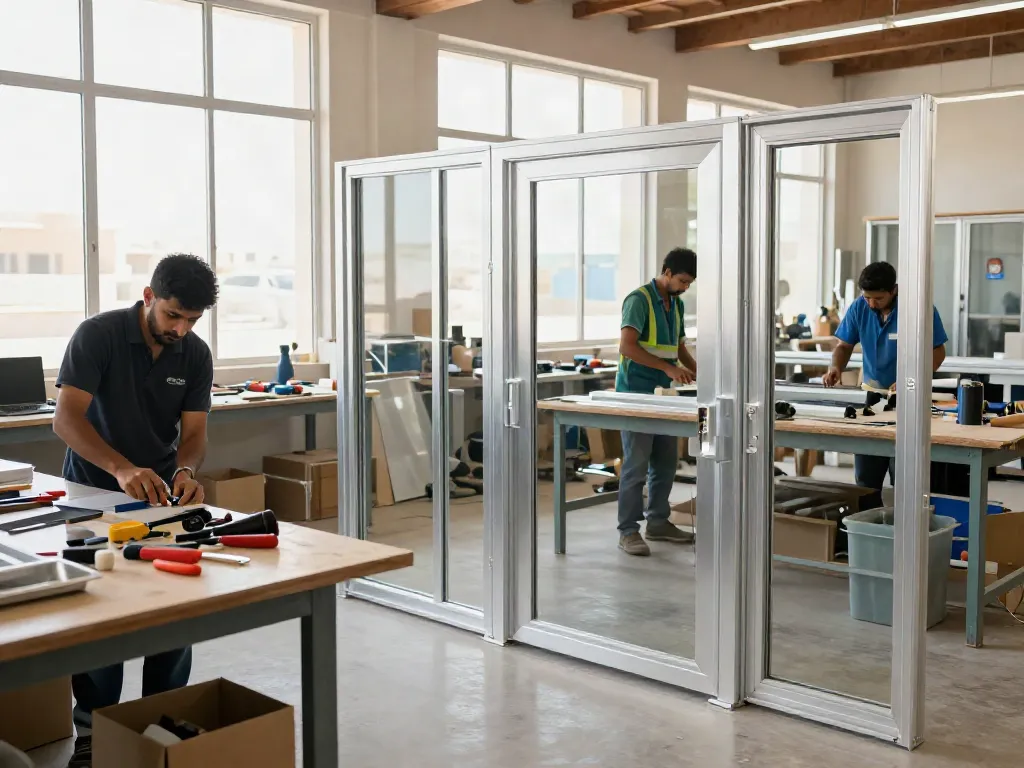 Aluminium and glass work across UAE, Fujairah, Kalba in a vibrant workshop environment showcasing skilled craftsmanship.