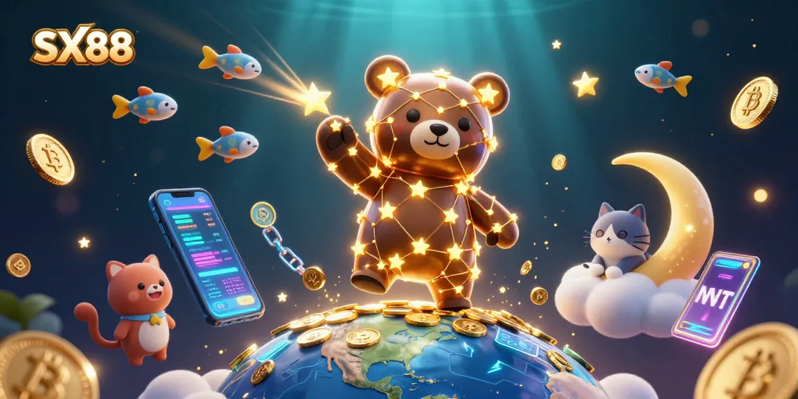 SX88 players winning big in a vibrant, immersive online casino environment featuring gold coins and neon cryptocurrency elements.